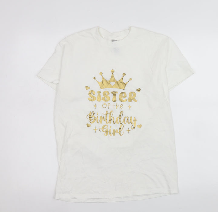 Gildan Womens White Birthday Sister Graphic T-Shirt Size S