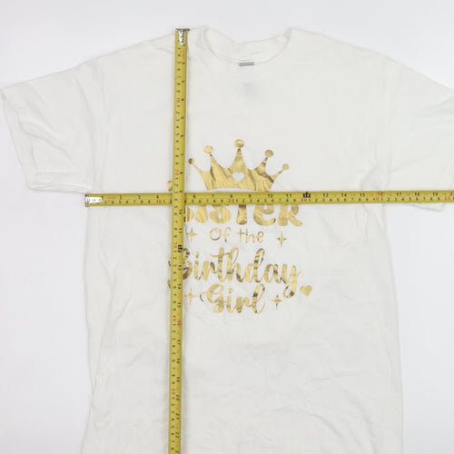 Gildan Womens White Birthday Sister Graphic T-Shirt Size S