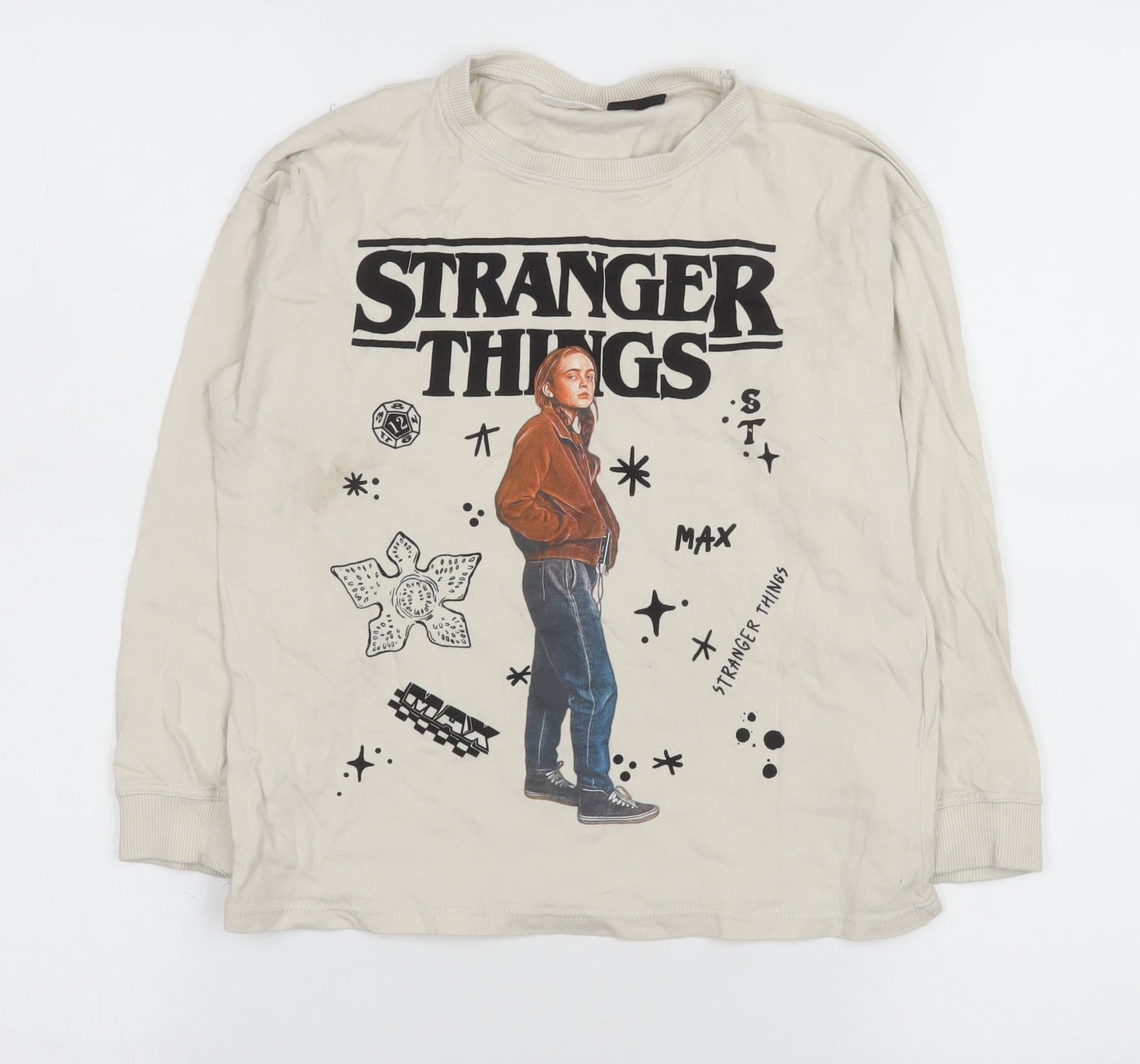 ZARA Girls Beige Stranger Things Long Sleeve Pullover T-Shirt 8-9 Years