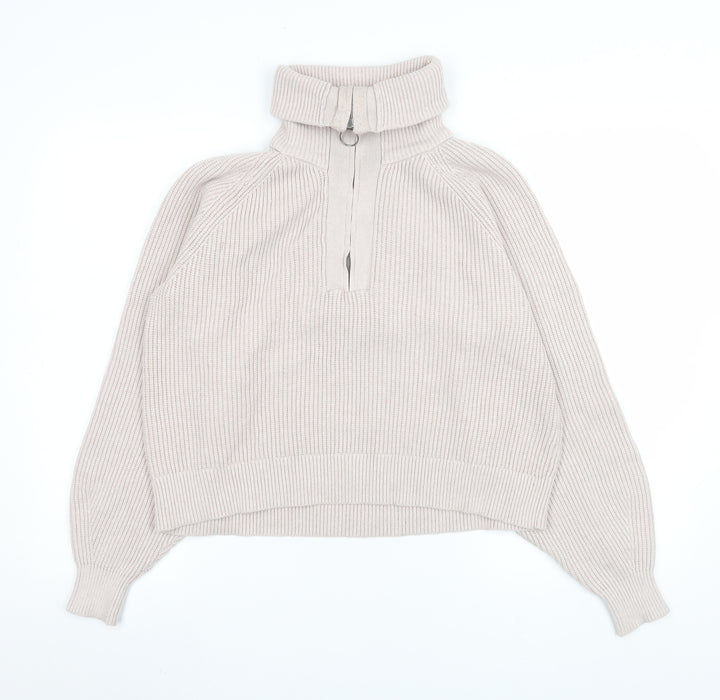 Pull&Bear Men's Beige High Neck 1/2 Zip Knit Sweatshirt Size S