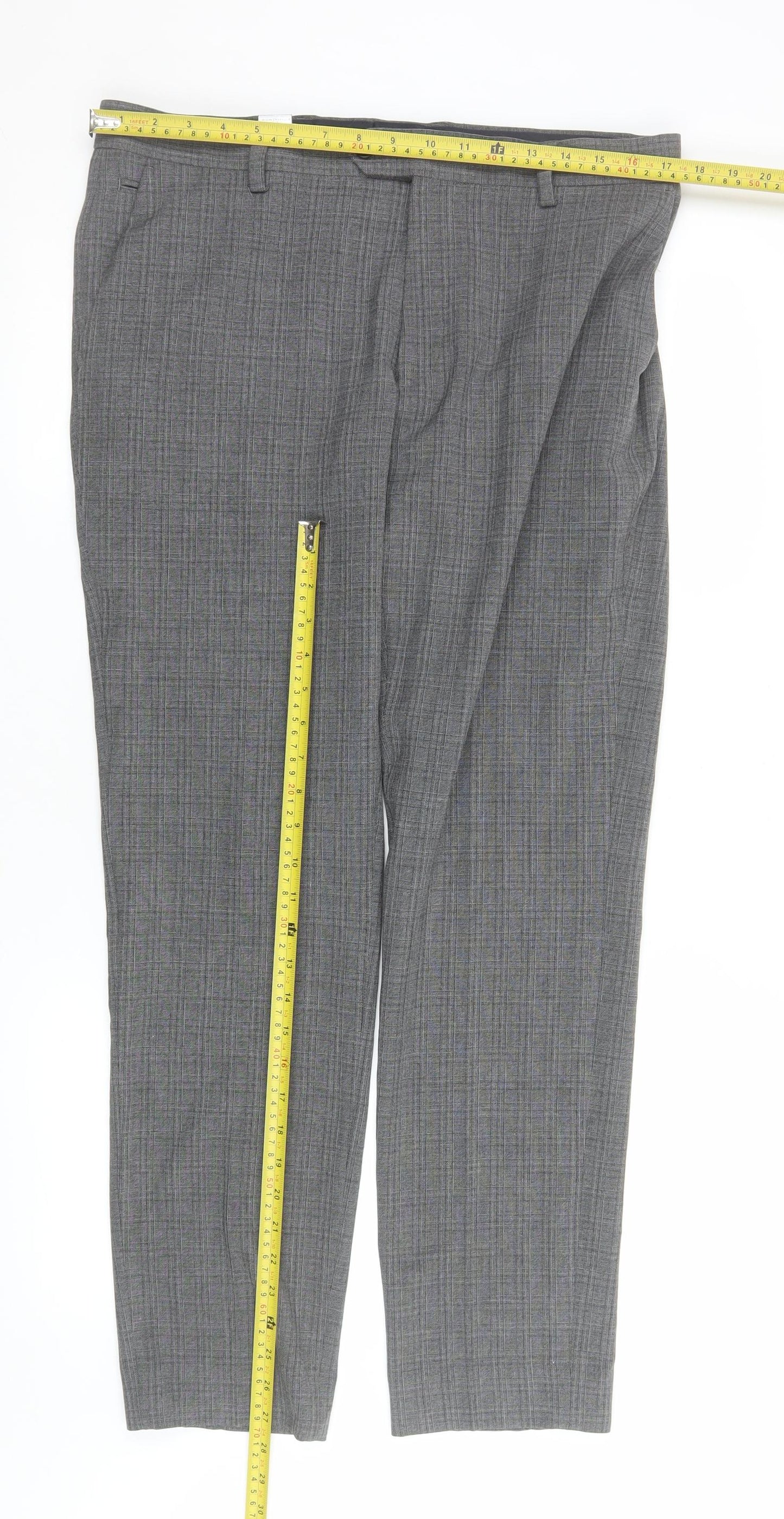 Next Men's Grey Check Dress Pants 34L Slim Fit Formal Trousers
