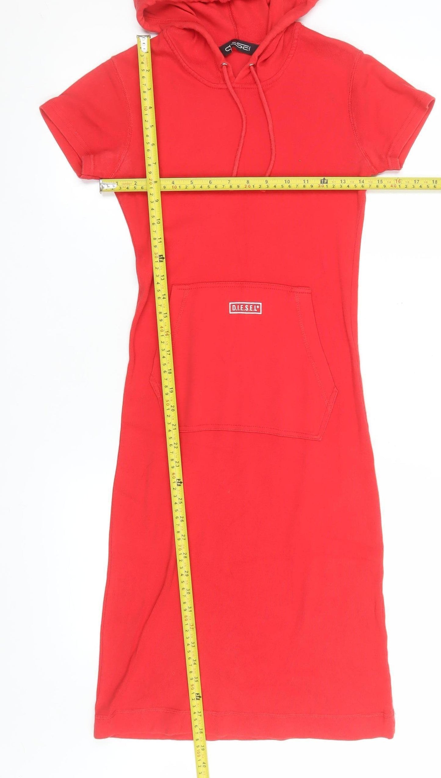 Diesel Women Red Cotton Hooded T-Shirt Dress S/M Casual