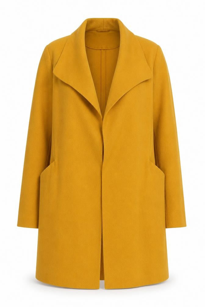 Front view of Primark Women’s Yellow Coatigan, size UK 8, Long Open Front Lightweight Coat