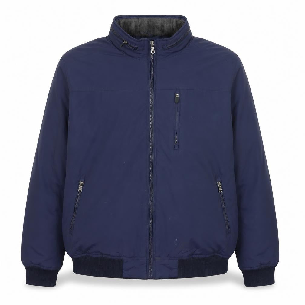 Front view of St Bernard Men’s Blue Nylon Bomber Jacket XL Full Zip Casual