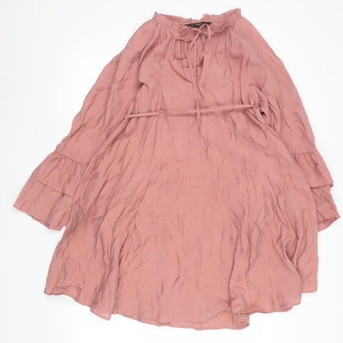 F&F Women Pink Knee Length Shift Dress Size 10 Boho Tie Neck Long Sleeve