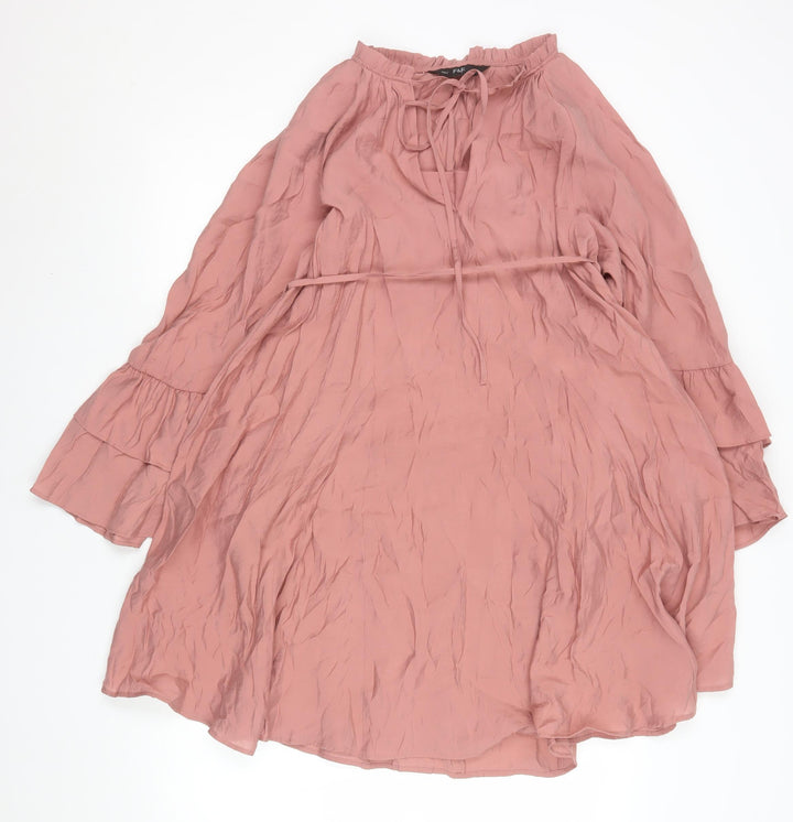 F&F Women Pink Knee Length Shift Dress Size 10 Boho Tie Neck Long Sleeve