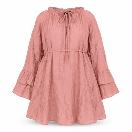 Front view of F&F Women Pink Knee Length Shift Dress, size 10, Boho Tie Neck Long Sleeve