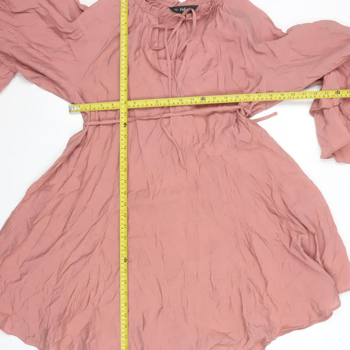 F&F Women Pink Knee Length Shift Dress Size 10 Boho Tie Neck Long Sleeve