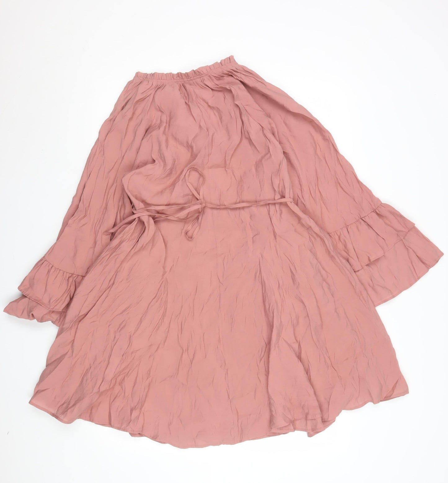 F&F Women Pink Knee Length Shift Dress Size 10 Boho Tie Neck Long Sleeve