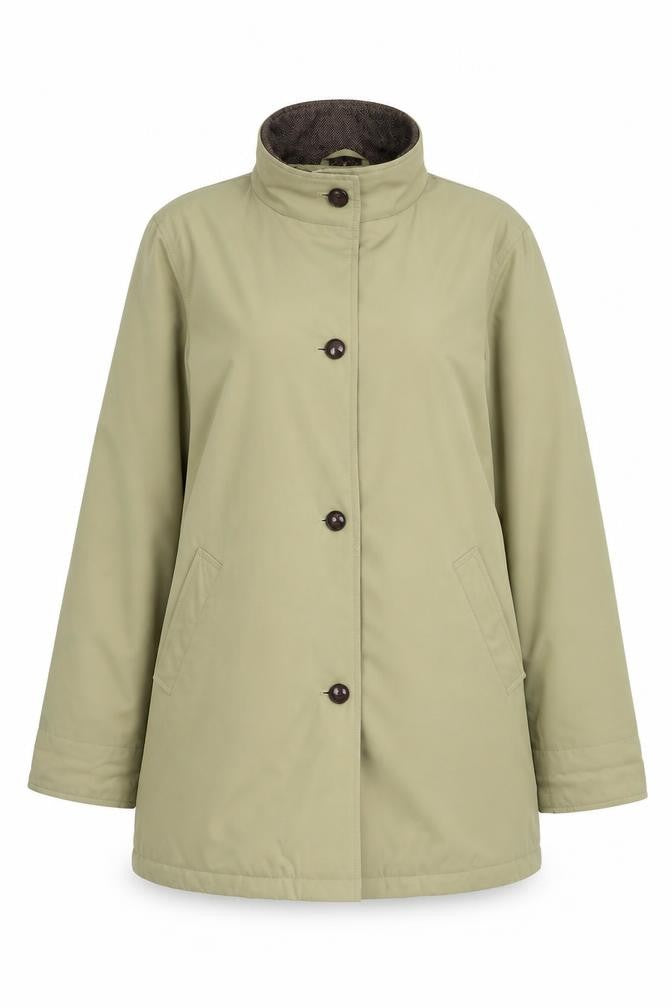 Front view of Ensign Collection women’s beige, size UK 12, mid-length waterproof jacket