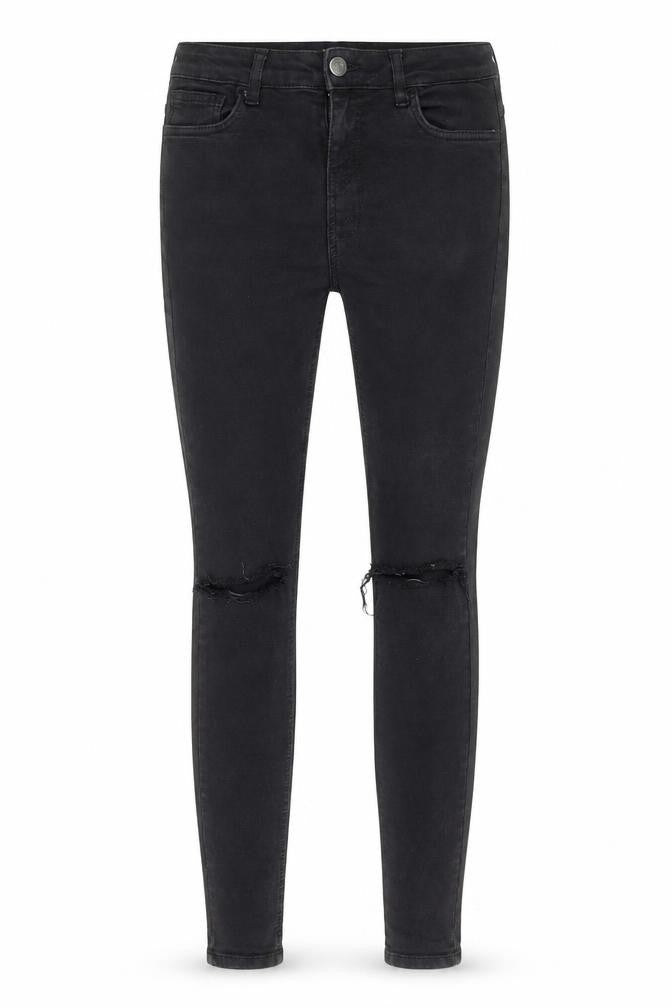 Front view of HERA Women's Black Distressed Skinny Jeans L Stretch Denim