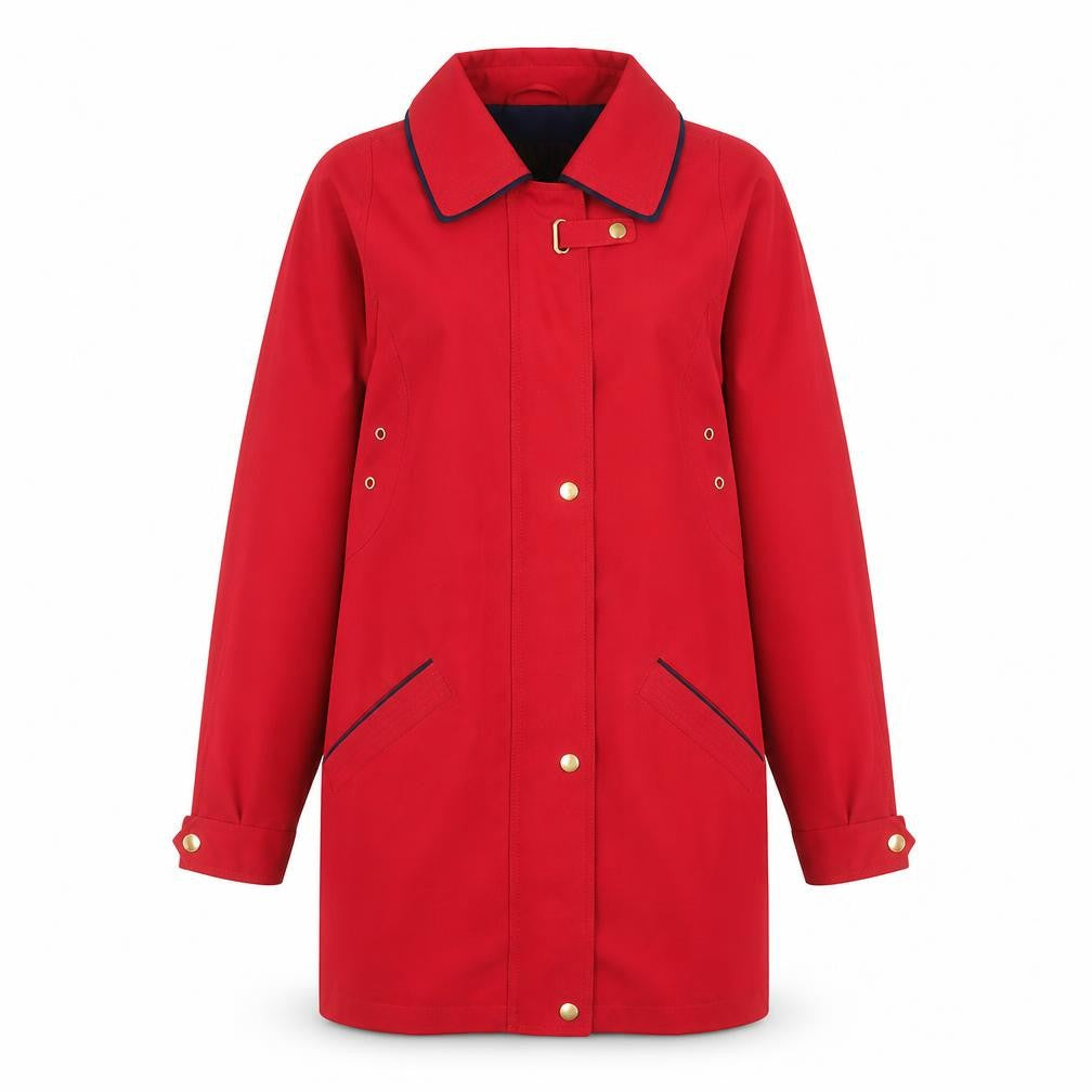 Front view of David Barry Women’s Red Mid-Length Rain Coat, size UK 10, Waterproof