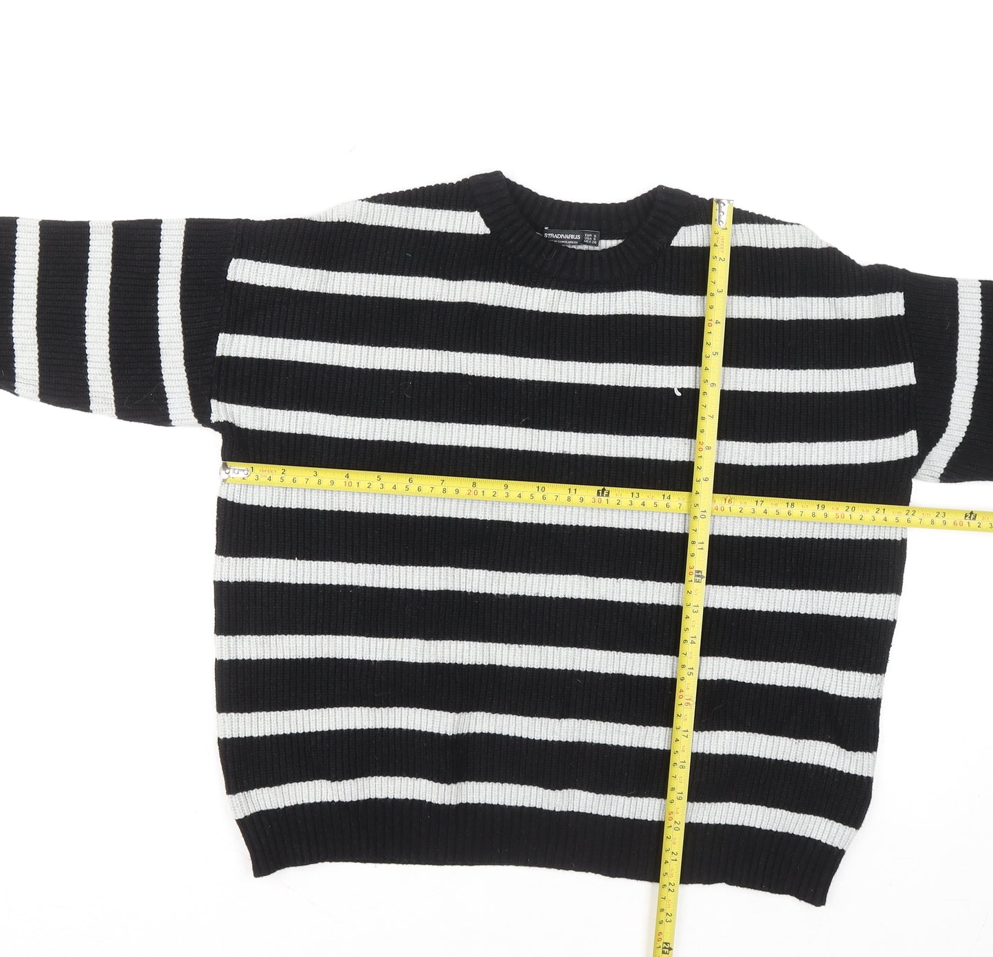 Stradivarius Women Black & White Striped Knit Jumper Size S