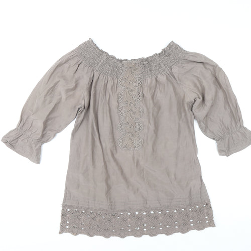 Warehouse Womens Beige 3/4 Sleeve Off Shoulder Cotton Silk Bohemian Blouse Size 8