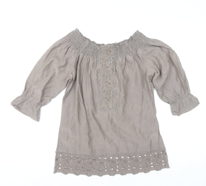 Warehouse Womens Beige 3/4 Sleeve Off Shoulder Cotton Silk Bohemian Blouse Size 8