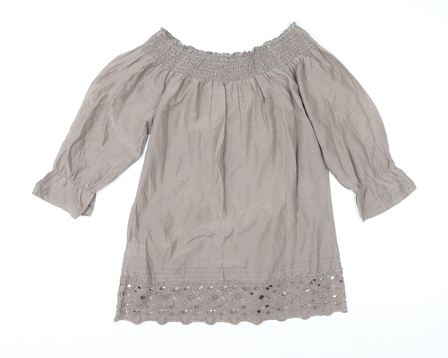 Warehouse Womens Beige 3/4 Sleeve Off Shoulder Cotton Silk Bohemian Blouse Size 8