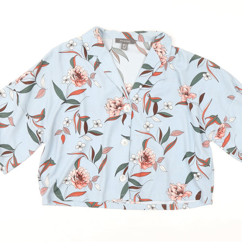 Primark Womens Blue Floral Cropped Blouse Size 14 Collared Button Up