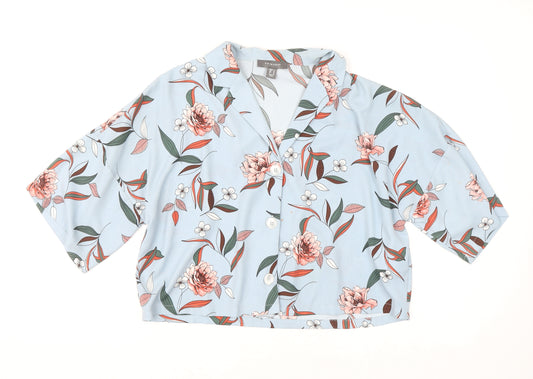 Primark Womens Blue Floral Cropped Blouse Size 14 Collared Button Up