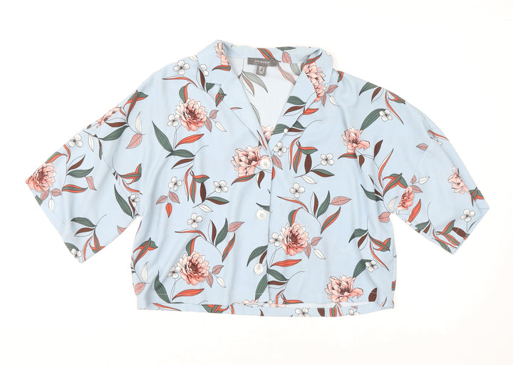 Primark Womens Blue Floral Cropped Blouse Size 14 Collared Button Up