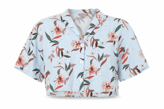 Front view of Primark women’s blue floral cropped blouse, size UK 14, collared button up