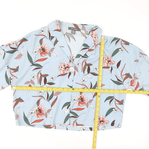 Primark Womens Blue Floral Cropped Blouse Size 14 Collared Button Up