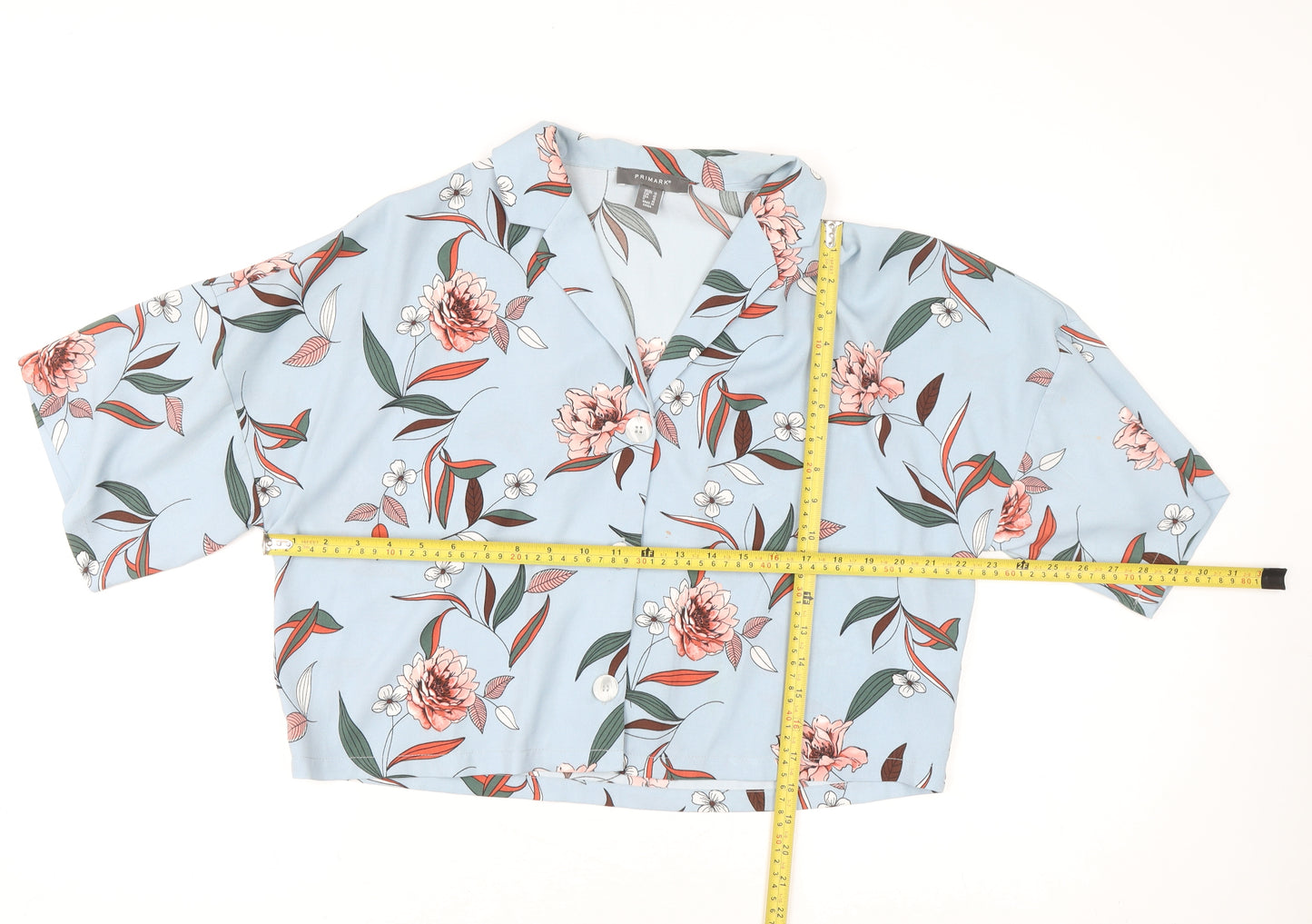 Primark Womens Blue Floral Cropped Blouse Size 14 Collared Button Up