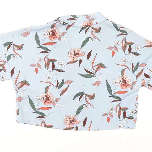 Primark Womens Blue Floral Cropped Blouse Size 14 Collared Button Up
