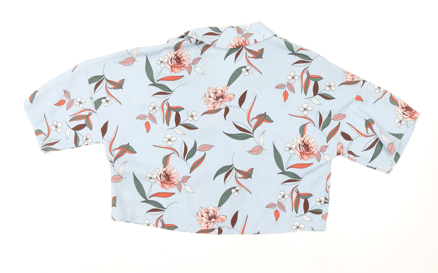 Primark Womens Blue Floral Cropped Blouse Size 14 Collared Button Up