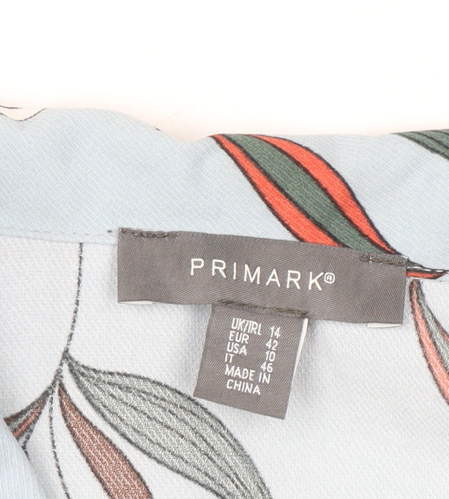Primark Womens Blue Floral Cropped Blouse Size 14 Collared Button Up