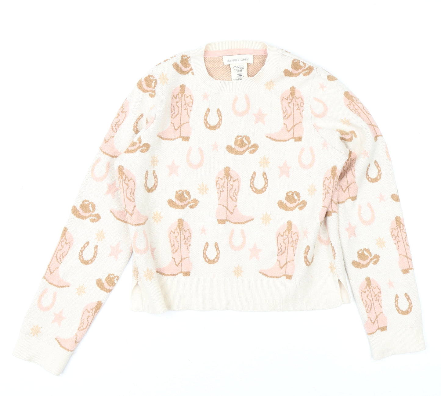 Happily Grey Girls Beige Pink Western Pullover Jumper 11-12 Years