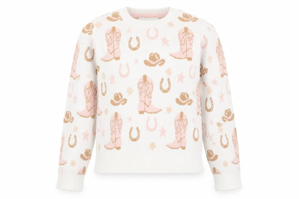Front view of Happily Grey girls’ beige pink western jumper 11-12 years