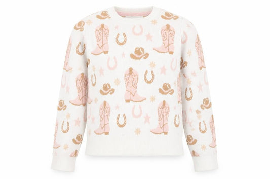 Front view of Happily Grey girls’ beige pink western jumper 11-12 years