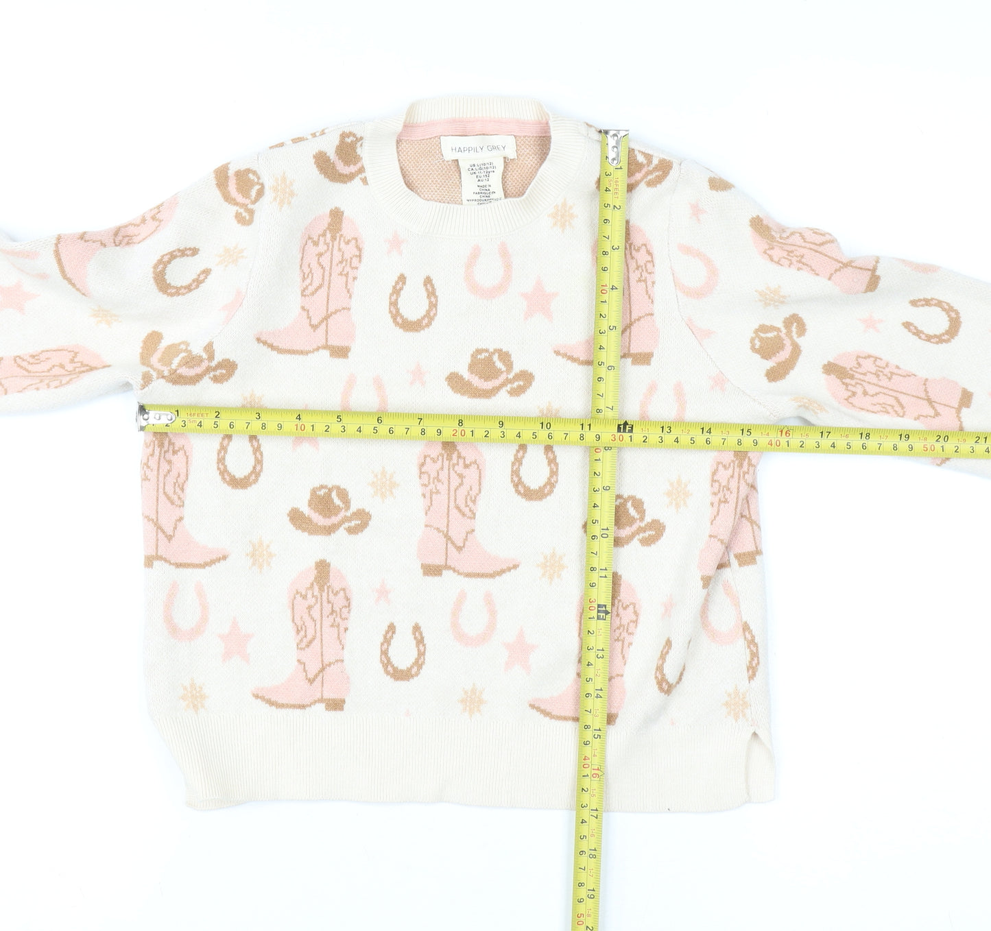 Happily Grey Girls Beige Pink Western Pullover Jumper 11-12 Years