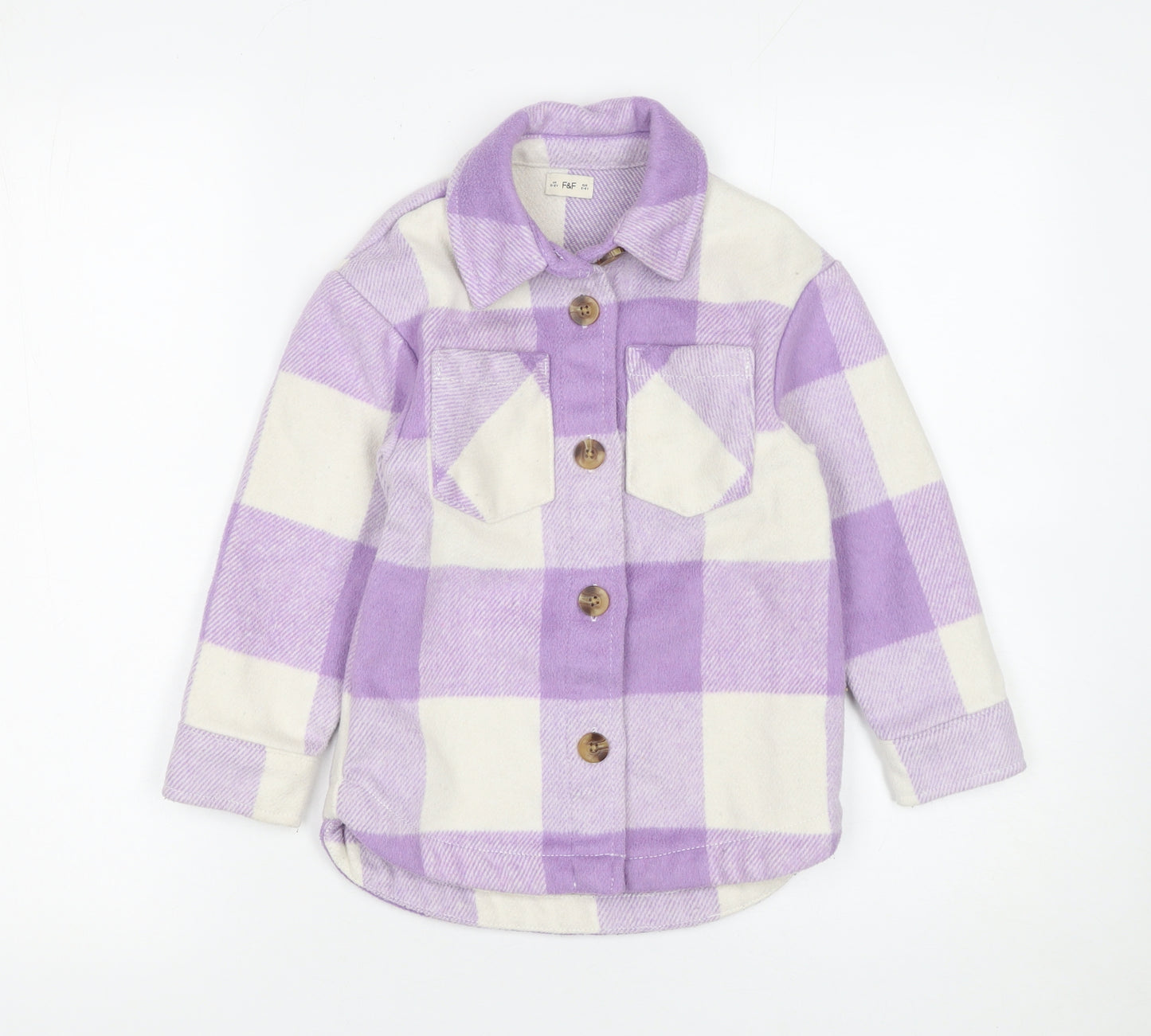 F&F Girls Purple Check Shirt Jacket 5-6 Years Lined Button Front