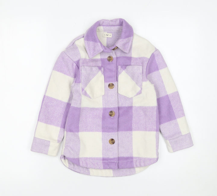 F&F Girls Purple Check Shirt Jacket 5-6 Years Lined Button Front