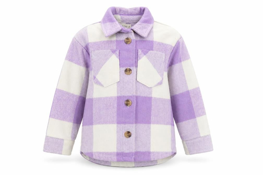 Front view of F&F girls’ purple check shirt jacket 5-6 years lined button front