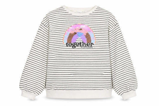 Front view of Next girls’ beige striped sequin pullover sweatshirt 11 years 146cm