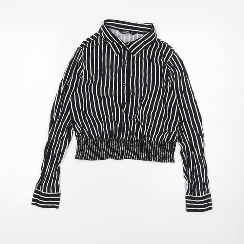 Zudio Womens Black Striped Cropped Blouse XS Collared Long Sleeve