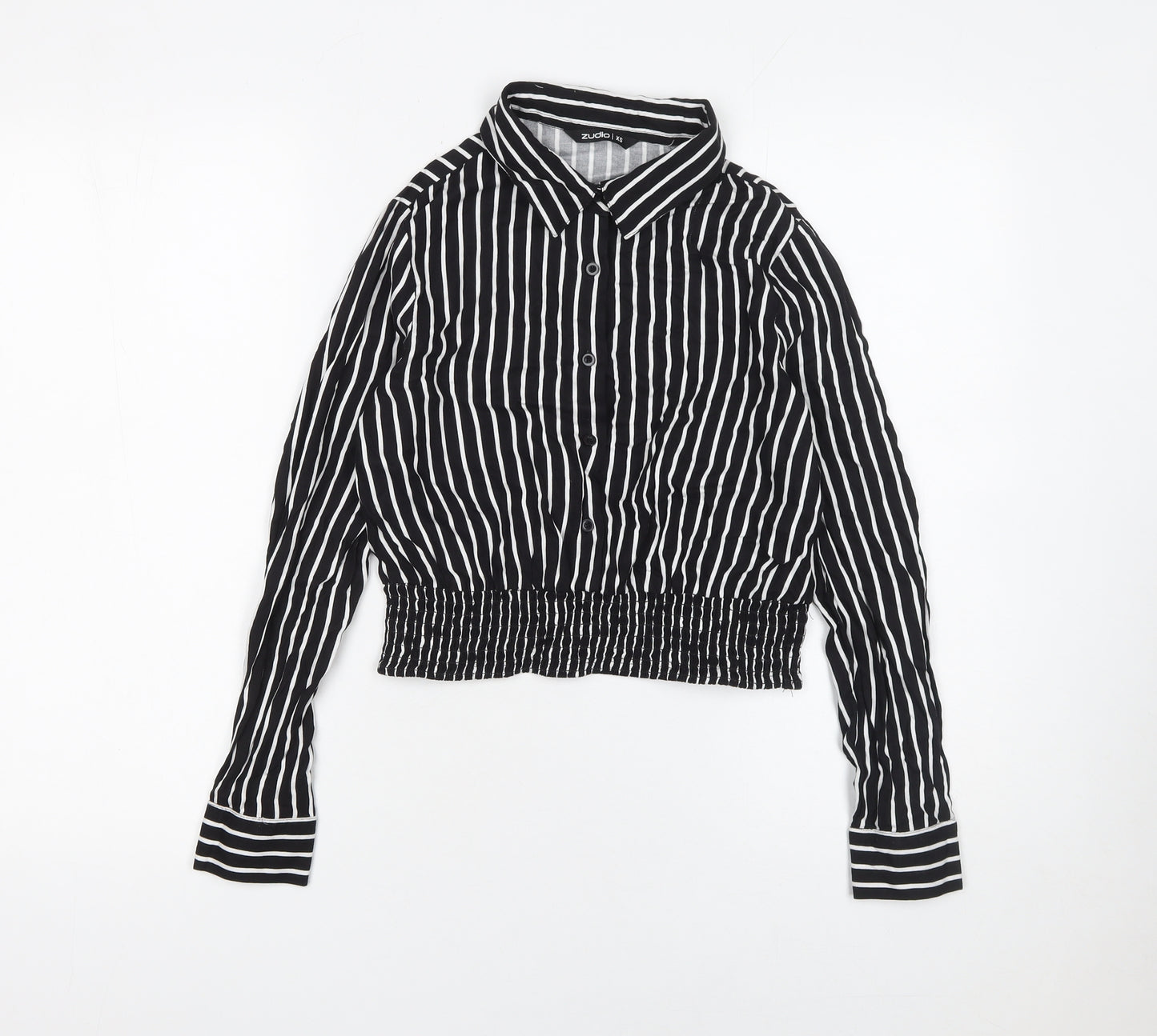 Zudio Womens Black Striped Cropped Blouse XS Collared Long Sleeve