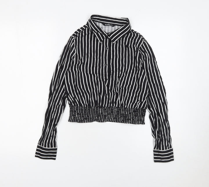 Zudio Womens Black Striped Cropped Blouse XS Collared Long Sleeve
