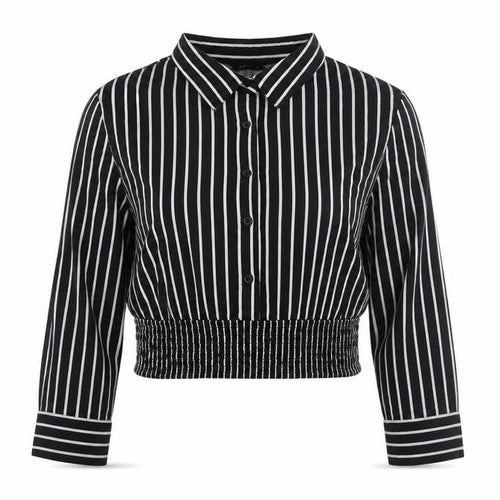 Zudio Womens Black Striped Cropped Blouse XS Collared Long Sleeve