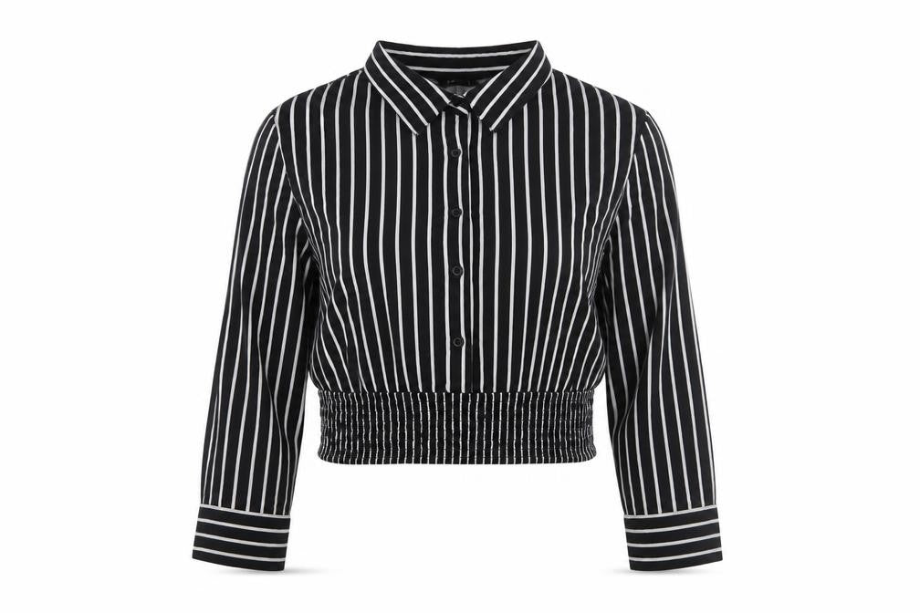 Zudio Womens Black Striped Cropped Blouse XS Collared Long Sleeve