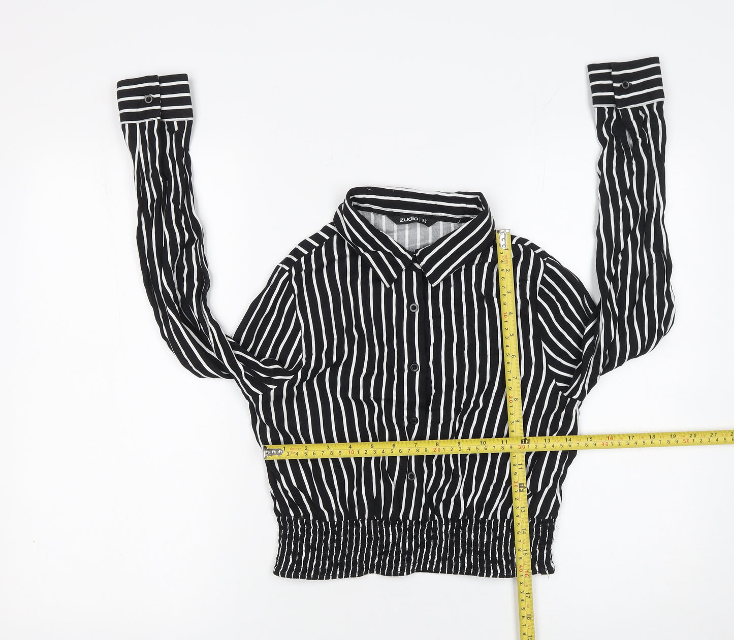 Zudio Womens Black Striped Cropped Blouse XS Collared Long Sleeve