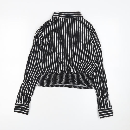 Zudio Womens Black Striped Cropped Blouse XS Collared Long Sleeve