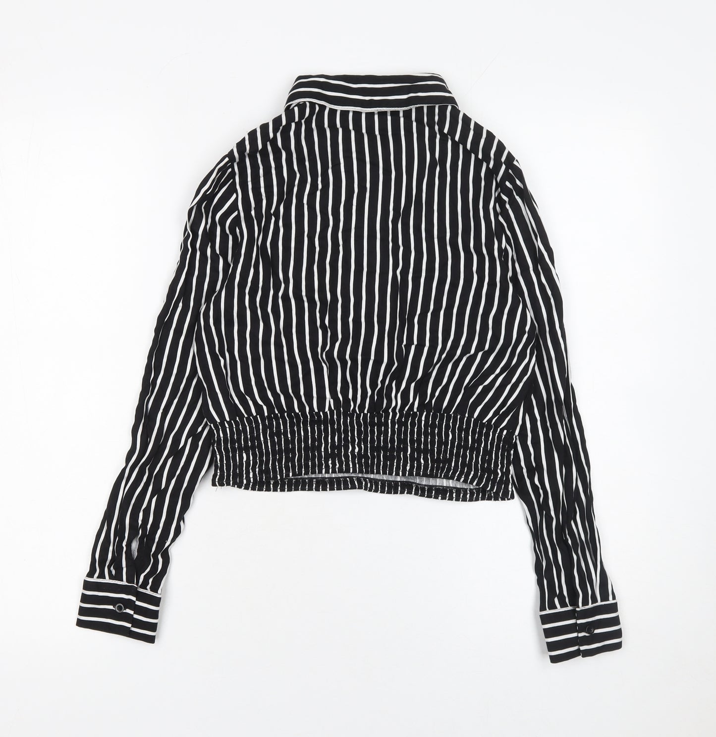 Zudio Womens Black Striped Cropped Blouse XS Collared Long Sleeve
