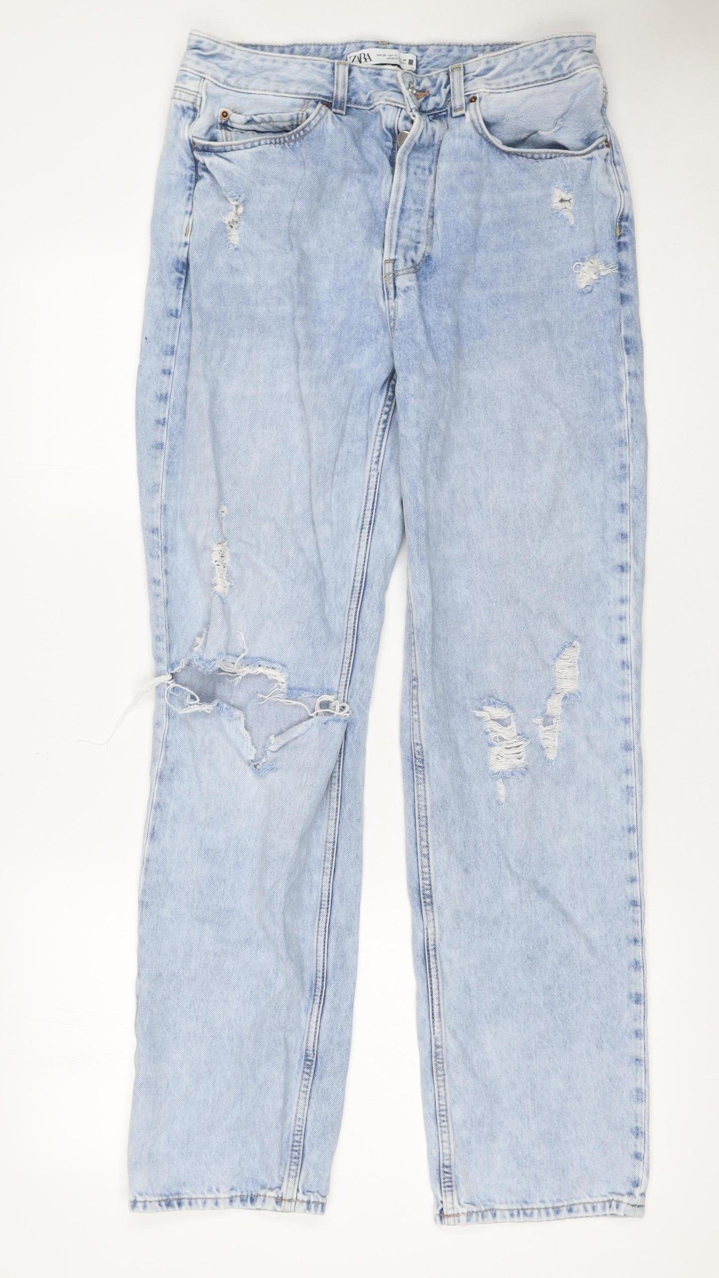 Zara Women Blue Distressed High Rise Straight Jeans Size 8