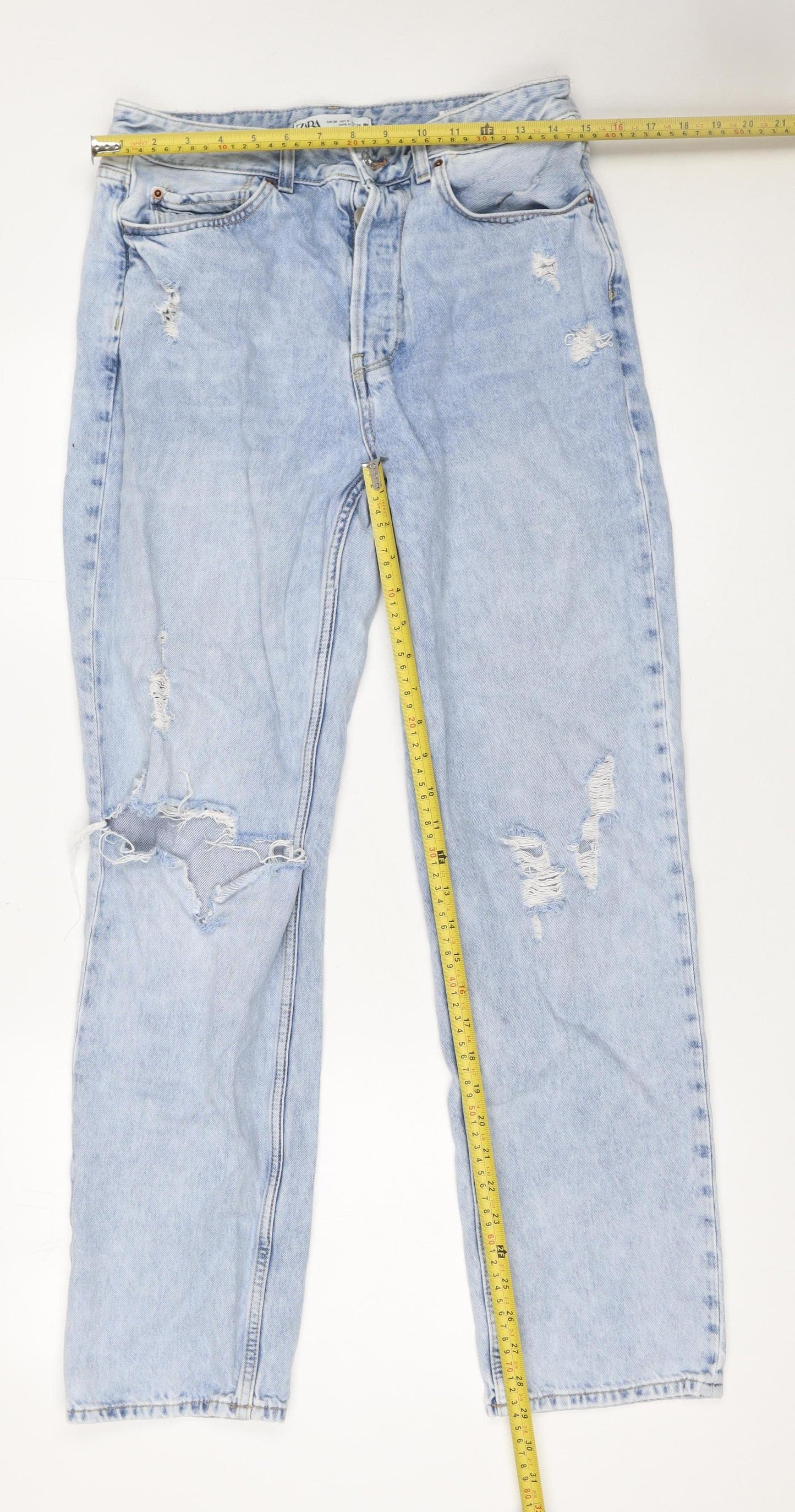Zara Women Blue Distressed High Rise Straight Jeans Size 8