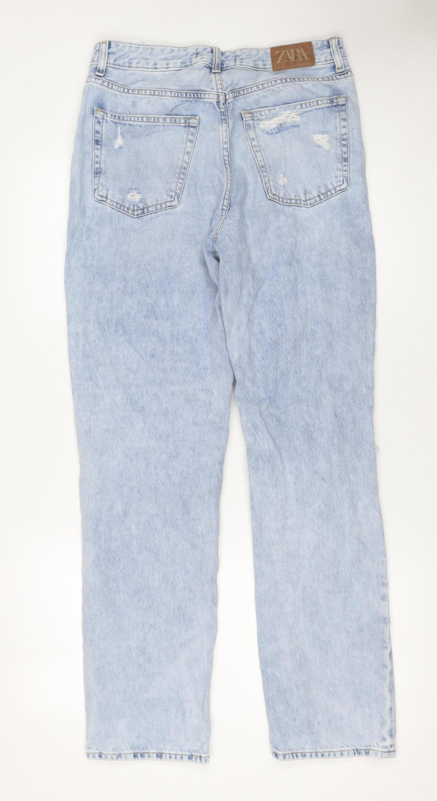 Zara Women Blue Distressed High Rise Straight Jeans Size 8