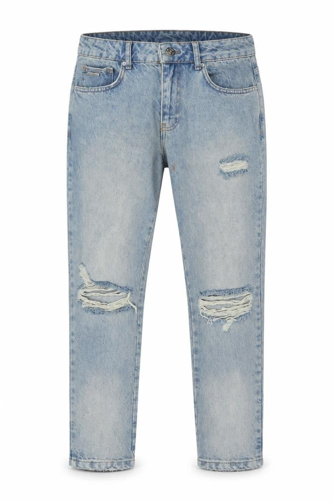Front view of Couture Men's Blue Distressed Straight Jeans, size 32, Denim