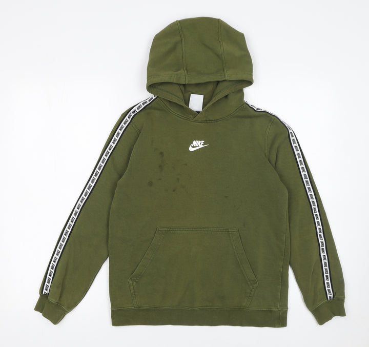 Nike Boys Green Pullover Hoodie Logo Tape Trim L 13-14 Years Fleece